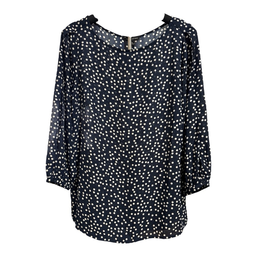 Navy Polka Dot Wide Split Sleeve Blouse - Semi sheer Sz M